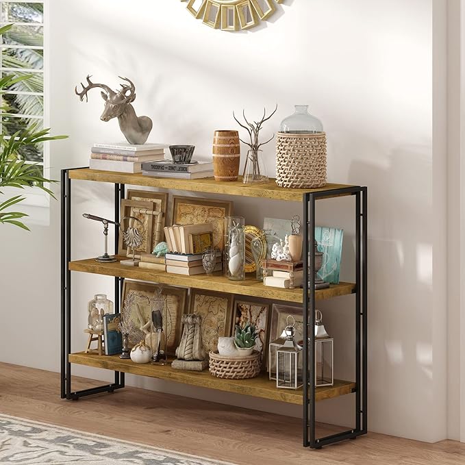 HCHQHS 3-Tier Rustic Wood and Metal Industrial Bookshelf for Home Office, Bedroom, Kitchen, Bathroom - 47in