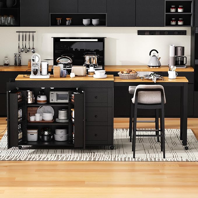 Ball & Cast 74.8" Kitchen Island with Extendable Dining Table,Kitchen Storage Cart W/Power Outlet and 3 Drawers,Rolling Kitchen Island on Wheels W/Spice Rack & 2 Door Cabinet,for Kitchen,Black