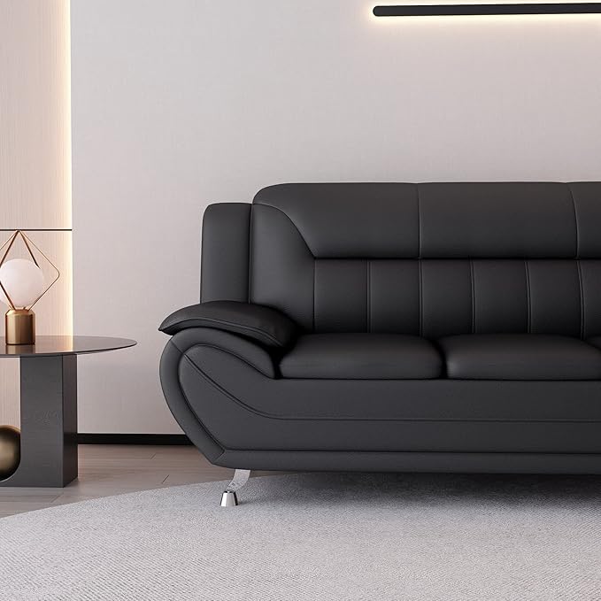 Container Furniture Direct Michael Modern Faux Leather Upholstered Stainless Steel Legs Living Room Sofa, Loveseat, Black