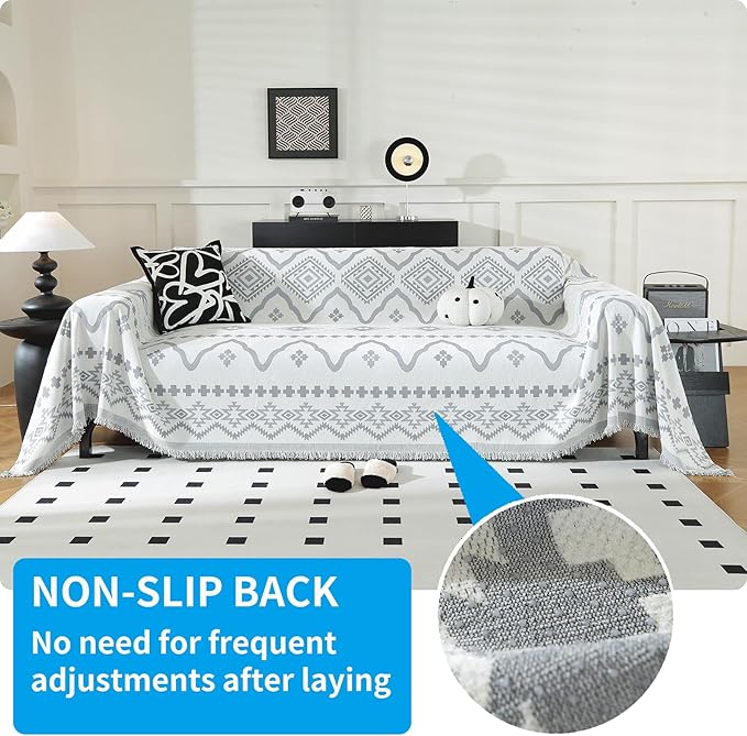 LUFEIJIASHI Boho Couch Covers for Sofa Non Slip Sofa Covers Washable Couch Covers for 3 Cushion Couch Sofa Pet Friendly Sectional Couch Cover Blanket Furniture Protector for Dogs (Grey, 91"x118")
