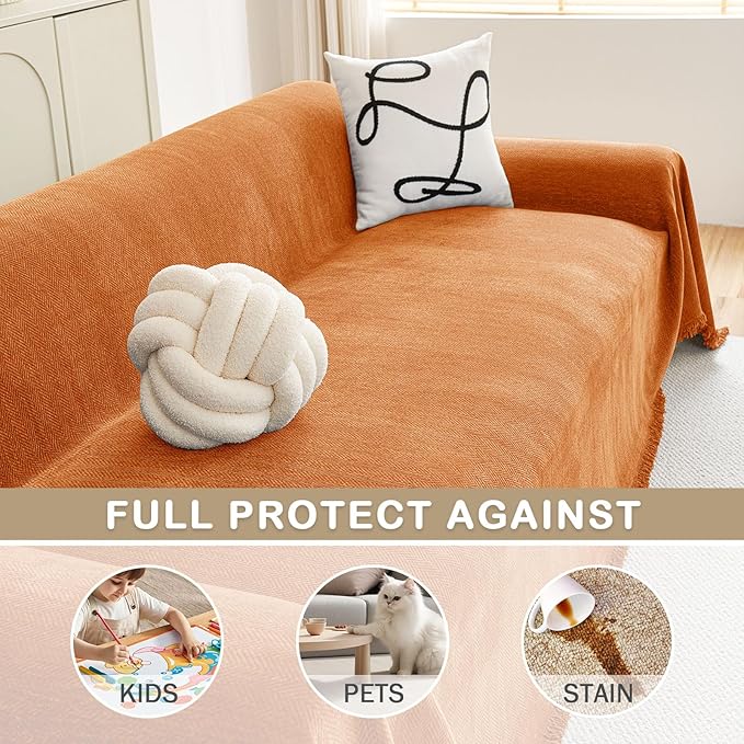 hyha Couch Cover for Dogs, Boho Sofa Covers for 3 Cushion Couch Washable, Chenille Sofa Slipcover for Pets, Soft Loveseat Sectional Couch Throw Blankets with Tassels (Orange, 88.5x134 Inch)