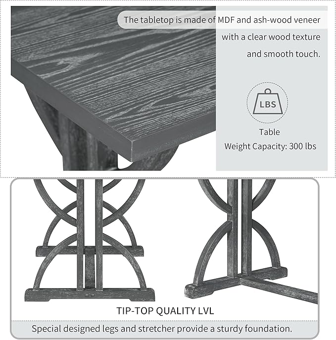 Ball & Cast 6-Piece Dining Table Set, 60" Rectangular Dining Table with 4 Upholstered Chairs & 1 Bench for Dining Room and Kitchen Gray Wash