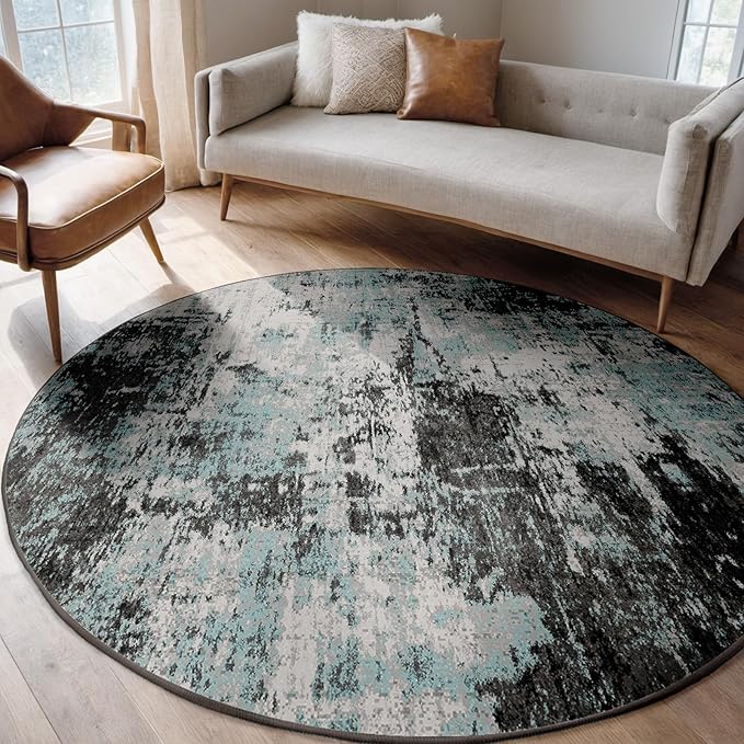 Washable Area Rugs 4ft Non-Slip Modern Abstract Soft for Living Room Entryway Bedroom Nursery, Print Pattern, Blue Black Teal