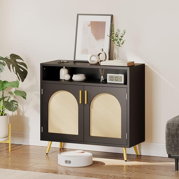 DWVO Buffet Sideboard Cabinet, Accent Storage Cabinet with Natural Rattan Doors and Adjustable Shelves for Kitchen, Living Room and Hallway, Black