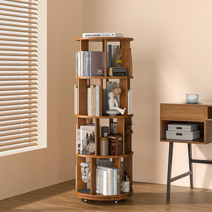 4 Tier Rotating Bookshelf Tower, 360 Spinning Bookcase Carousel with Lockable Wheels, Round Lazy Susan Organizer for Corner Bookshelf, Solid Wood Revolving Bookcase for Kids Room, Bedroom, Living Room