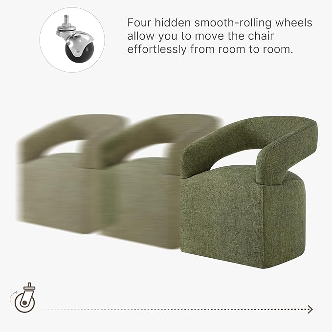 Upholstered Dining Chairs with Removable Casters Barrel Side Armchair with Rollers for Diningroom Bedroom Livingroom Reading Room, Green, 1PCS