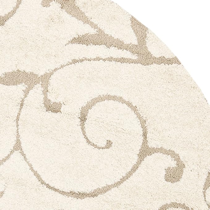 SAFAVIEH Florida Shag Collection Area Rug - 4' Round, Cream & Beige, Scroll Design, Non-Shedding & Easy Care, 1.2-inch Thick Ideal for High Traffic Areas in Living Room, Bedroom (SG455-1113)