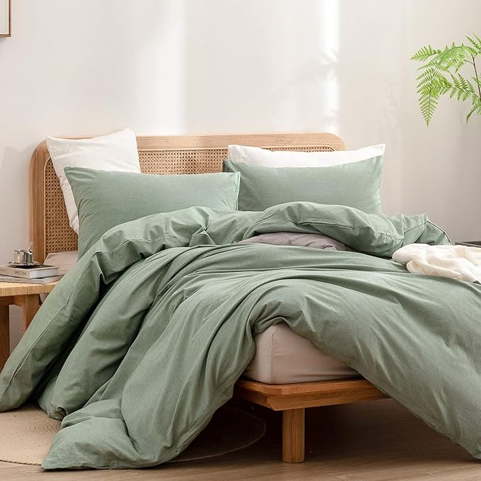 BESTOUCH Duvet Cover Set 100% Washed Cotton Linen Feel Super Soft Comfortable Chic Lightweight 3 PCs Home Bedding Set Solid Green Super King