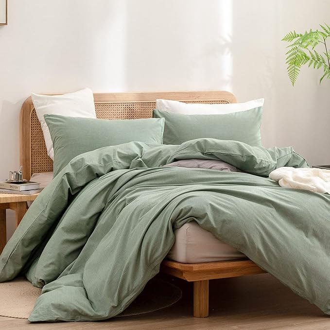 BESTOUCH Duvet Cover Set 100% Washed Cotton Linen Feel Super Soft Comfortable Chic Lightweight 3 PCs Home Bedding Set Solid Green Cal King