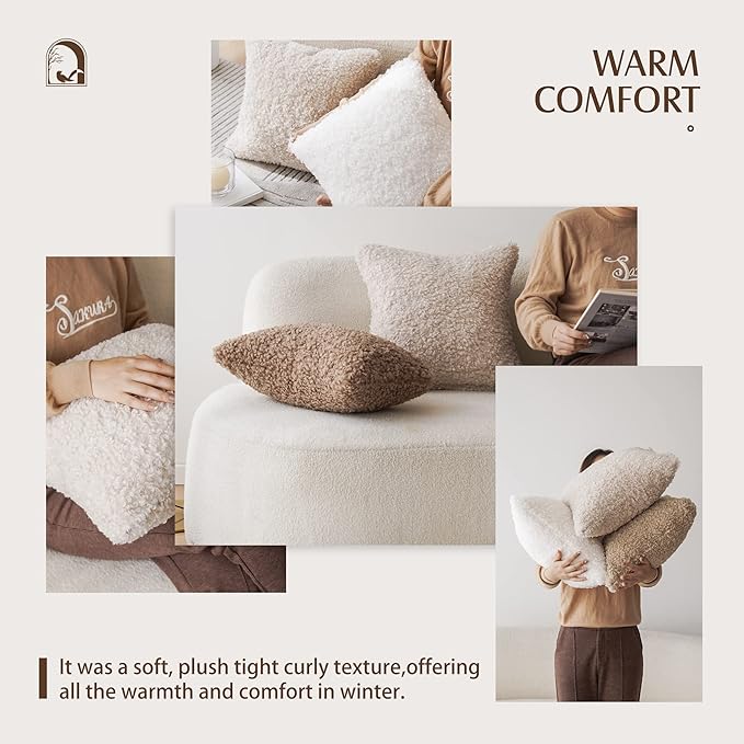 Foindtower 2 Pieces Faux Fur Throw Pillow Cover Accent Sherpa Pillow Fuzzy Soft Pillowcases Sheepskin Decorative Fleece Cushion Case for Bed Couch Living Room 18x18 Inch White