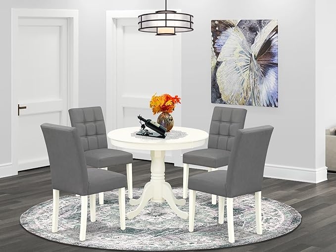 East West Furniture ANAS5-LWH-41 5 Piece Dining Table Set contain A Dinner Table and 4 Platinum Gray Polyester Fabric Kitchen Chairs with Stylish Back- Linen White Finish