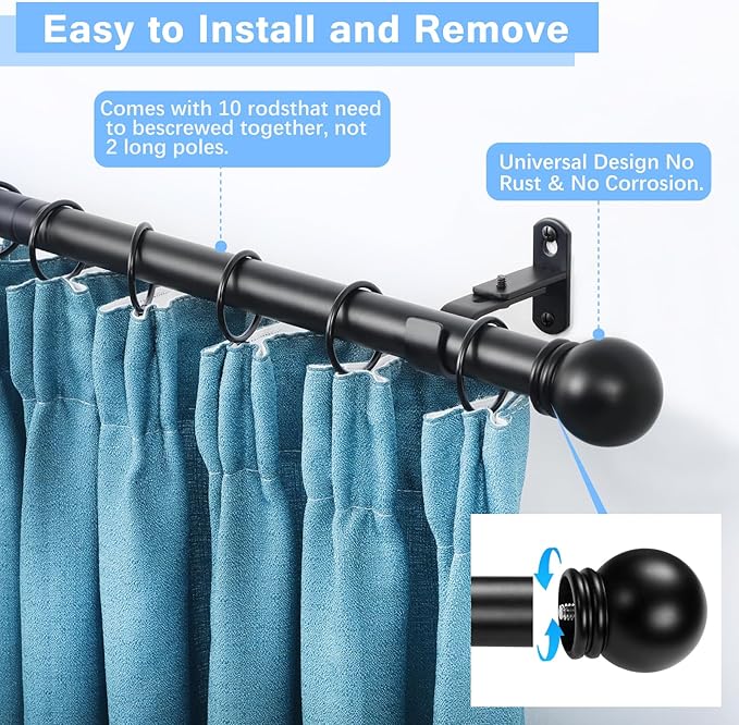 Curtain Rods for Windows 16 to 150 Inches, Curtain Rod Max Adjustable Length of 160 IN, 1" Diameter Drapery Rods Round Finials, Black, Pack of 1