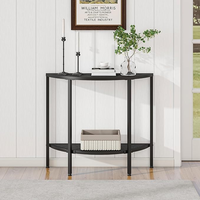 Console Table 2 Tier Narrow Entryway Table with Storage,Half Moon Sofa Couch Table with Metal Frame,Wooden Accent Side Coffee Table for Living Room/Hallway or Small Spaces,Black