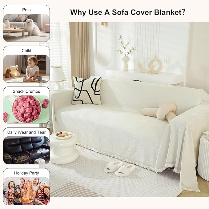 STACYPIK Modern Beige Couch Covers for Dogs Cats Thick Chenille Ivory White Sofa Cover Sofa Slipcover Furniture Protector for 3 Cushion Couch with Tassel Non-Silp Futon Cover Sofa Protector-71X150IN