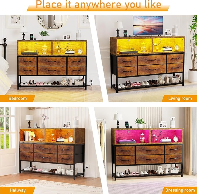 Dresser for Bedroom, 6 Drawers Led Dresser TV Stand with Power Outlets and LED Lights, Long Fabric Dressers Wide Chest of Drawers with Large Organizer Shoe Rack for Living Room, Entryway