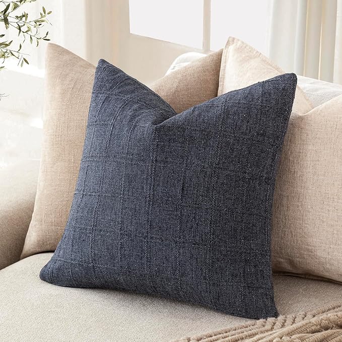Foindtower Set of 2 Decorative Linen Check Throw Pillow Covers Neutral Farmhouse Vintage Cushion Covers Modern Boho Home Decor for Sofa Chair Couch Bedroom Living Room Outdoor,16×16 Inch,Navy Blue