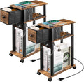 Side Table Set of 2, Side Table with Charging Station and Drawer, Narrow End Table with USB Ports and Outlets for Small Space, Living Room, Bedroom and Office, with 4 Wheels