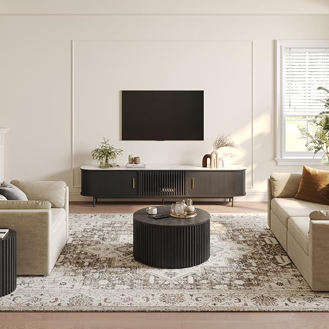POVISON Sliding Tambour Door TV Stand, Mid Century Modern Sintered Stone TV Console, Wood Media Console for 75 Inch TV, Entertainment Center with Storage Cabinet, Fully-Assembled (Black, 78.74")