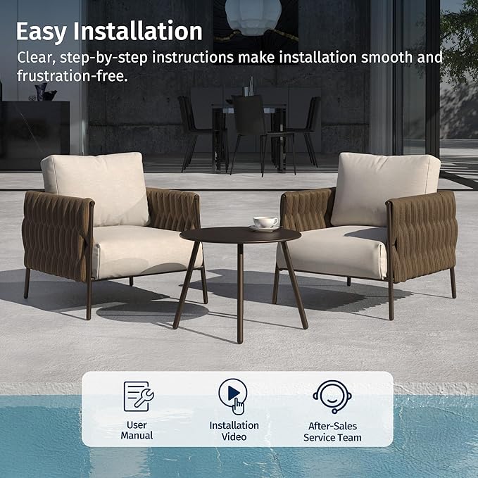 EAST OAK 3-Piece Patio Furniture Set | Armchairs & Coffee Table | Outdoor Furniture with Cushions | Deep Seating Modern Conversation Set | Garden, Porch, Balcony & Backyard | Chestnut & Apricot
