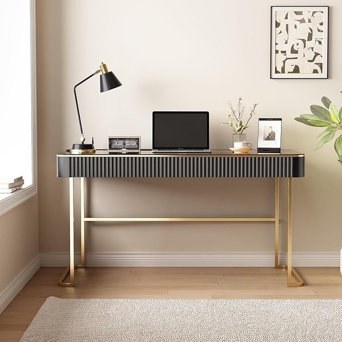 Lartis Modern Office Desk with Drawers,Glass Top Makeup Vanity Without Mirror Built-in USB Outlet Dressing Table Home Office Desk with Intelligent Socket,Very Easy to Assemble