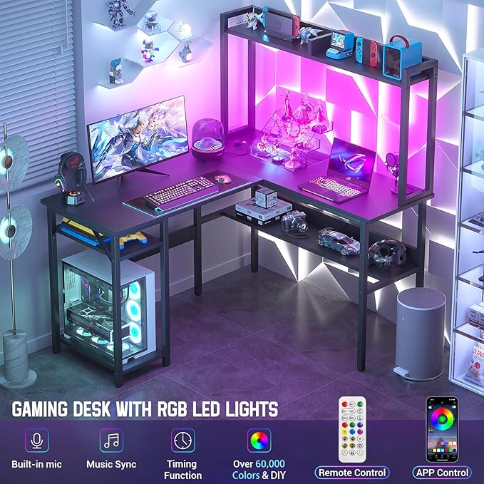 Unikito L Shaped Gaming Desk with LED Strip and Power Outlets, Reversible L-Shaped Computer Desk with Storage Shelves, Corner Desk with Hutch, 2 Person Home Office Desk, Black