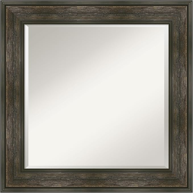 Amanti Art Brown Wall Mirror 26x26 Rail Rustic Char Square Bathroom Mirror for Wall Decor Living Room, Medium Country Rustic Frame, Hangs Horizonally and Vertically, Bathroom Decor, Beveled Edge