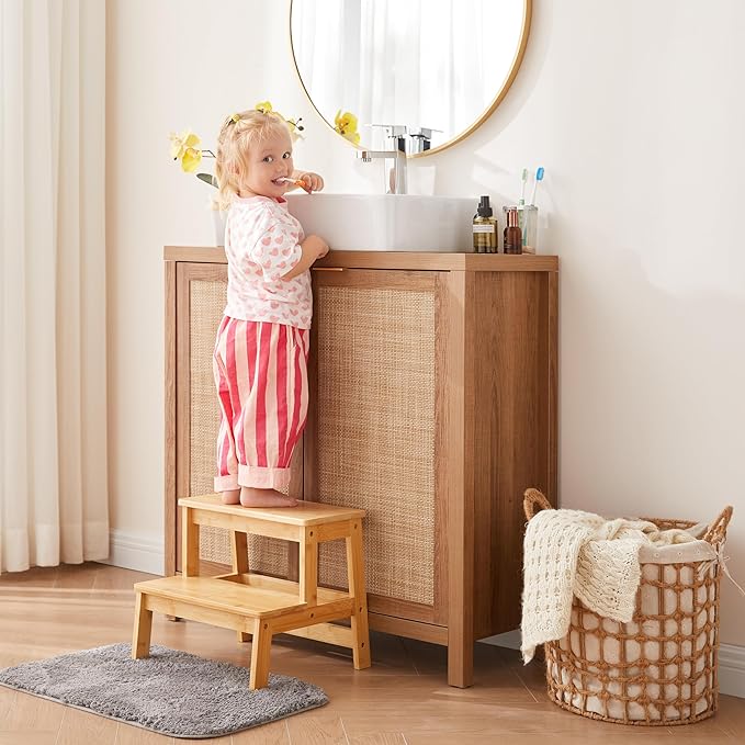 Bamboo Step Stools for Adults Kids, 2 Step Stool for Kichen/Bathroom/Bedside Step Stool - Holds up to 350Lb (Natural)