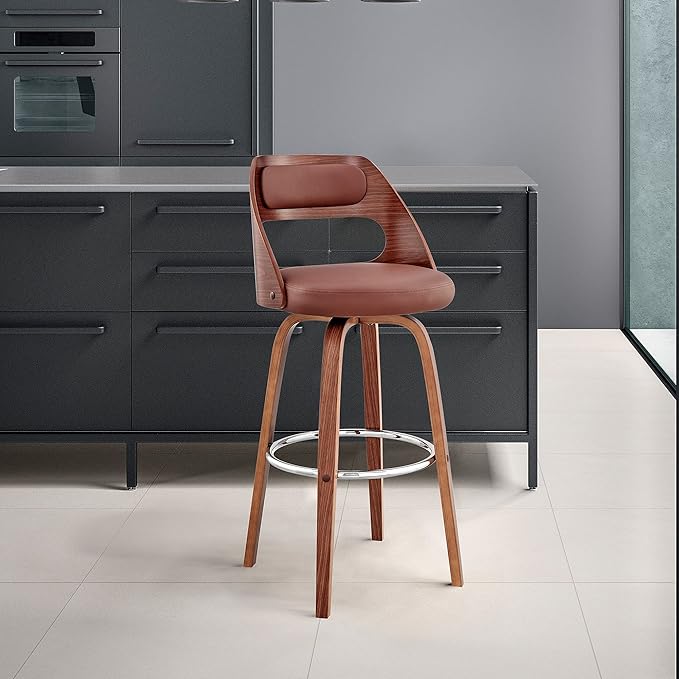 Armen Living Julius Mid Century Modern Swivel Bar Stool for Kitchen Island Counter in Brown Faux Leather and Walnut Wood, 26" Seat Height