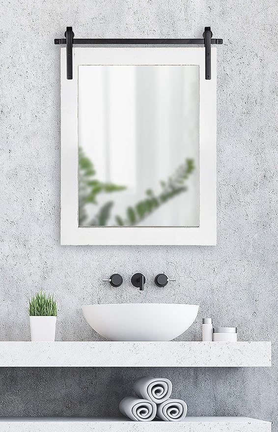 Kate and Laurel Cates Rustic Wall Mirror, 22" x 30", Coastal White, Farmhouse Barn Door-Inspired Wall Decor