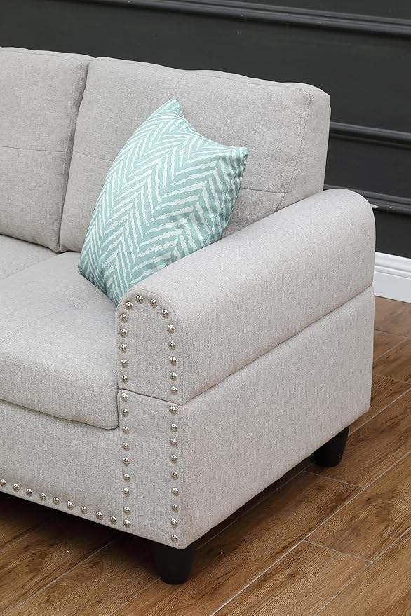 Ball & Cast 98" L Shaped Sectional Couch for Living Room with Chaise & Storage Ottoman,4 Seat Linen Upholstered Modular Sectional Sofa Set 3 PCS W/Cup Holder & Nailhead Trim,for Home,Office,Light Gray