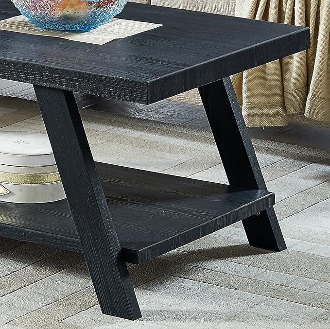 Roundhill Furniture Athens Contemporary 3-Piece Wood Shelf Coffee Table Set , Black