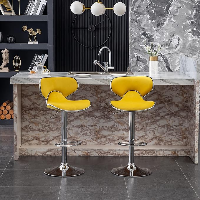 Roundhill Furniture Masaccio Velvet Upholstered Adjustable Swivel Barstool, Set of 2, Yellow
