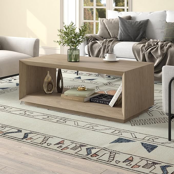 Henn&Hart 48" Rectangular Coffee Table with Open Storage Shelf for Living Room, Family Room, or Office, Antiqued Gray Oak