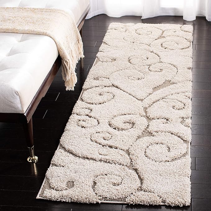 SAFAVIEH Florida Shag Collection Runner Rug - 2'3" x 13', Cream & Beige, Scroll Design, Non-Shedding & Easy Care, 1.2-inch Thick Ideal for High Traffic Areas in Living Room, Bedroom (SG455-1113)