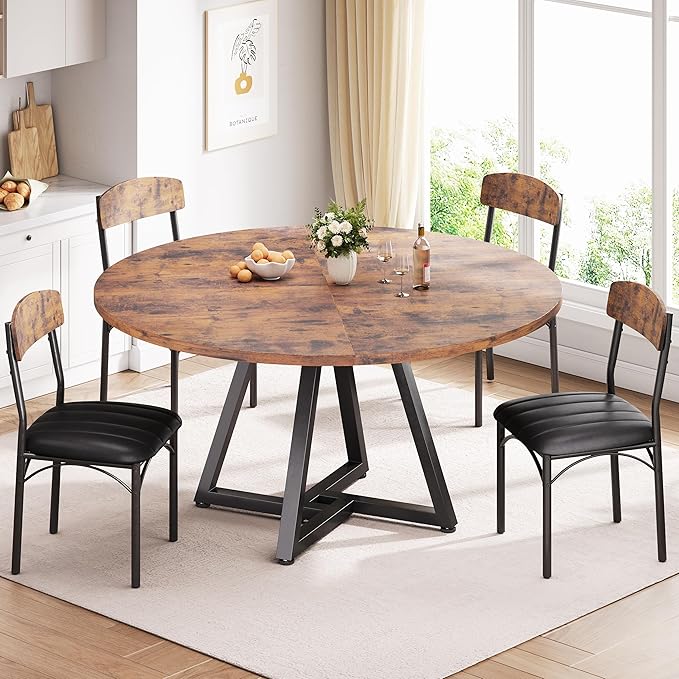 42“ Round Kitchen Dining Room Table for 2-4, Circle Dining Dinner Table with Pedestal Metal Frame, Space Saving Wood Industrial Furniture for Small Space (Rustic Brown, 42IN)