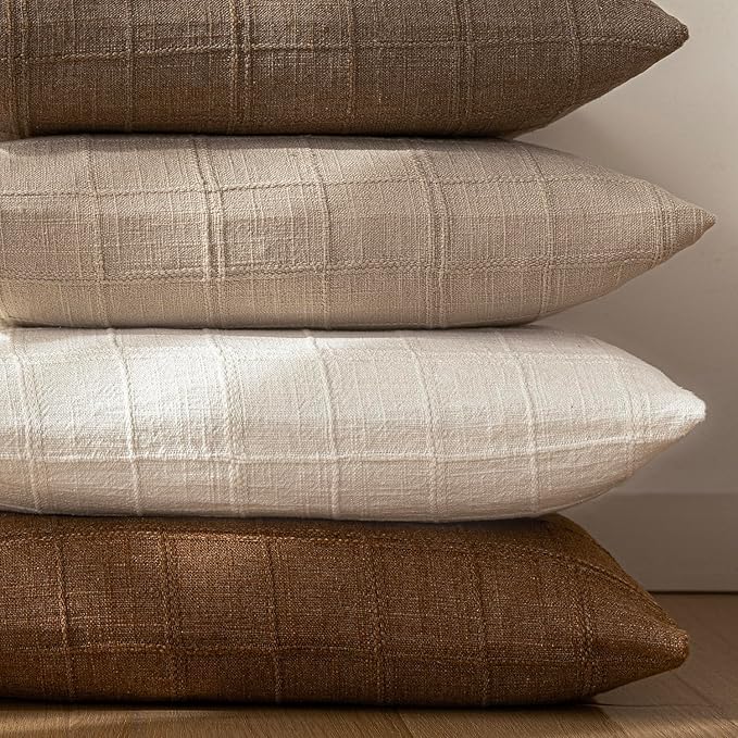 Foindtower Set of 2 Decorative Linen Check Throw Pillow Covers Neutral Farmhouse Lumbar Cushion Covers Modern Boho Home Decor for Sofa Chair Couch Bedroom Living Room Outdoor,12×20 Inch,Cream White