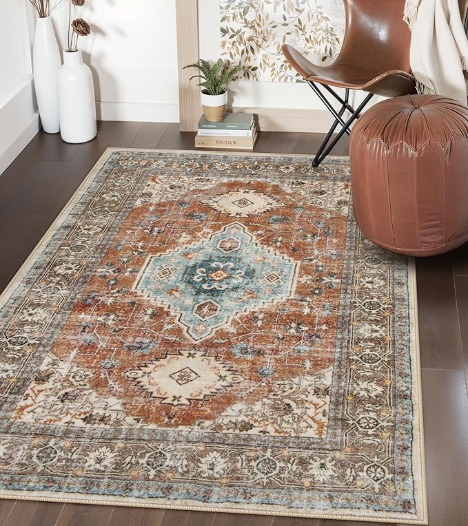 Lahome Oriental Washable Rug, 3x5 Rugs for Bedroom Living Room Entryway, Vintage Ultra-Thin Non-Slip Soft Throw Carpet for Kitchen Office Entrance, Orange/Multi