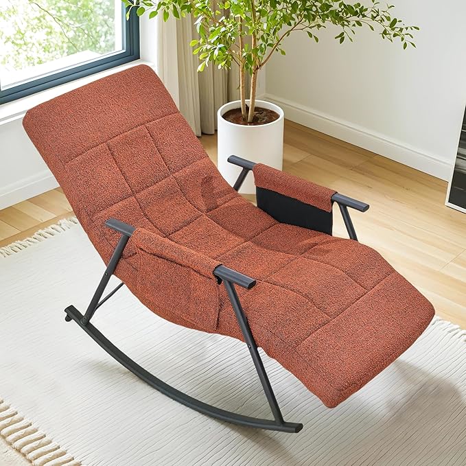 VECELO High Back Nursery Rocking Chair with Foot Rest, Teddy Upholstered Reclining Glider Rocker, Comfy Armchair Padded Seat Removable Side Pockets for Living Room, Bedroom, Balcony