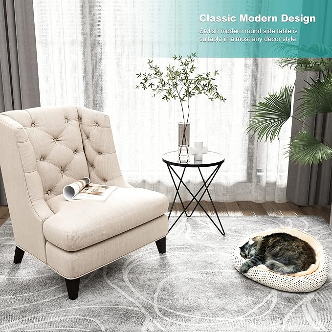 HLR Modern Round Side Table, End Table with Marble Effect Top and Gold Metal Frame, Small Side Table for Living Room, Bedroom, Sofa and Couch, Black Legs, Mirror top