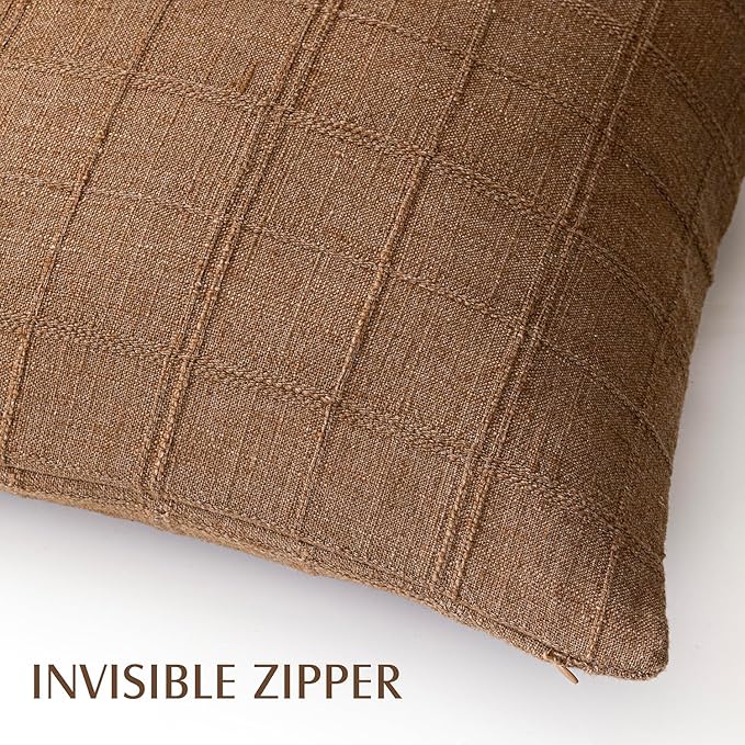 Foindtower Set of 2 Decorative Linen Check Throw Pillow Covers Neutral Farmhouse Vintage Cushion Covers Modern Boho Home Decor for Sofa Chair Couch Bedroom Living Room Outdoor,16×16 Inch,Brown Hazel