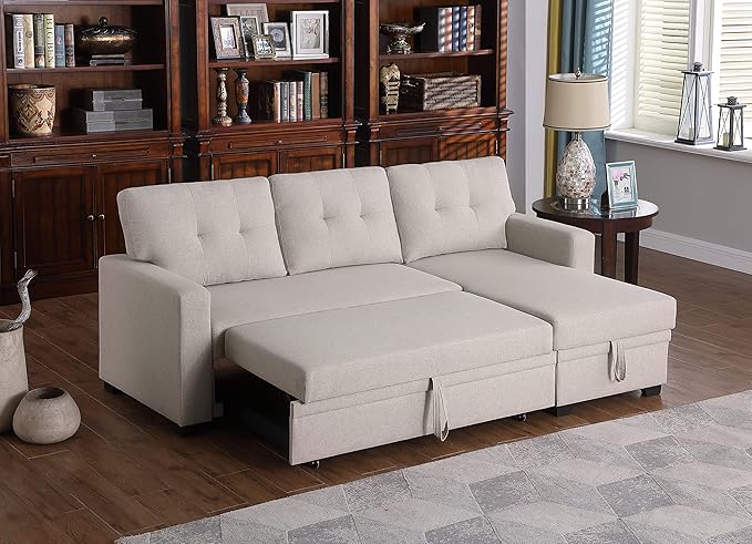 Devion Furniture Meridian 4-in-1 Convertible L Shaped Couch with Pull Out Bed and Storage, Sectional Sleeper Sofa with Reversible Chaise for Living Room, Apartment, Bedroom, Office