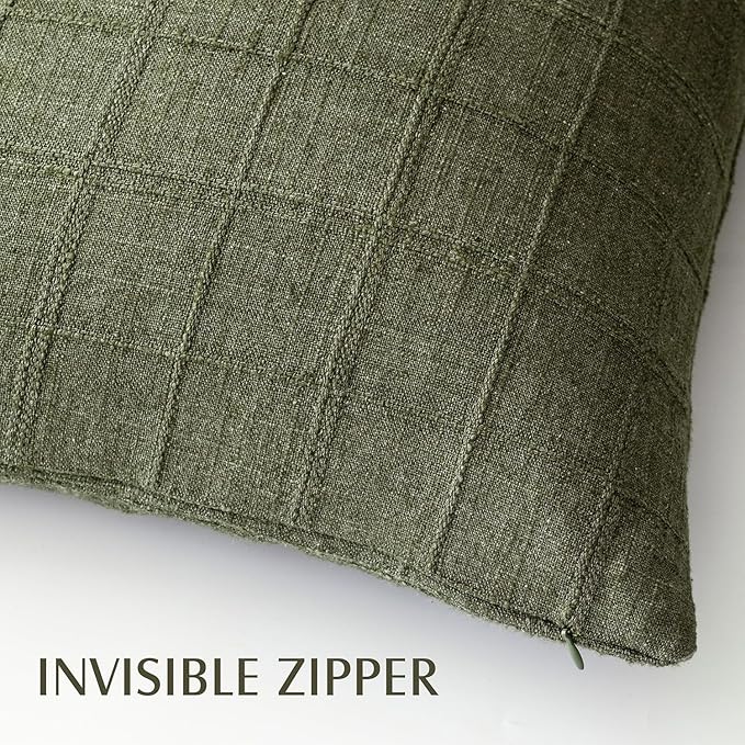 Foindtower Set of 2 Decorative Linen Check Throw Pillow Covers Neutral Farmhouse Vintage Cushion Covers Modern Boho Home Decor for Sofa Chair Couch Bedroom Living Room Outdoor,18×18 Inch,Olive Green