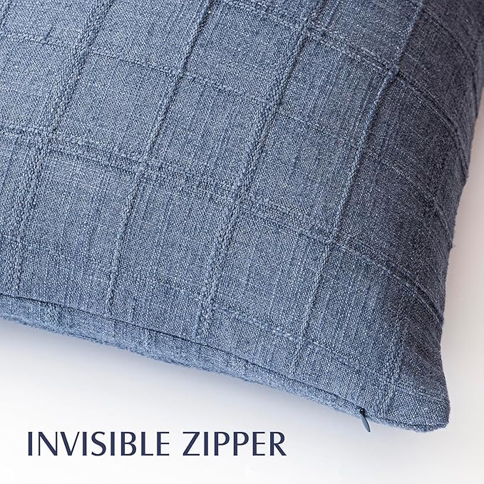 Foindtower Set of 2 Decorative Linen Check Throw Pillow Covers Neutral Farmhouse Vintage Cushion Covers Modern Coastal Boho Home Decor for Sofa Chair Couch Bedroom Living Room Outdoor,16×16 Inch,Blue
