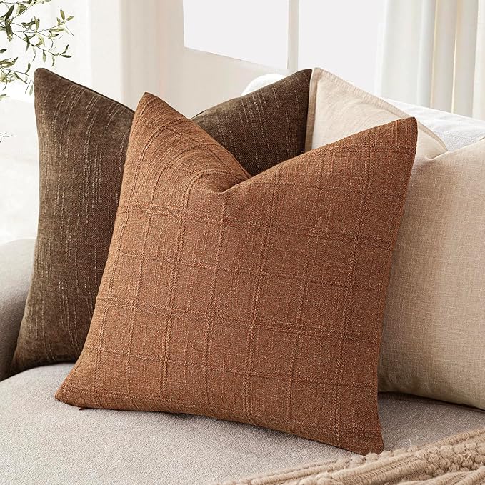 Foindtower Set of 2 Decorative Linen Check Throw Pillow Covers Neutral Farmhouse Vintage Cushion Covers Modern Boho Home Decor for Sofa Chair Couch Bedroom Living Room Outdoor,20×20 Inch,Orange