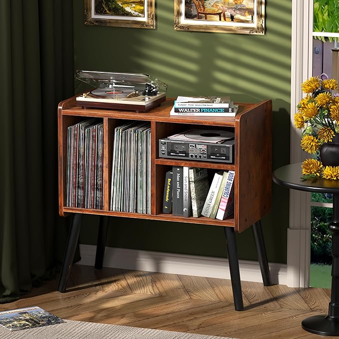 Record Player Table, Mid-Century Record Player Stand with Vinyl Storage Hold Up to 150+ Albums, Vinyl Record Cabinet with Adjustable Shelves, Wood Turntable Stand for Music Living Room (Brown)