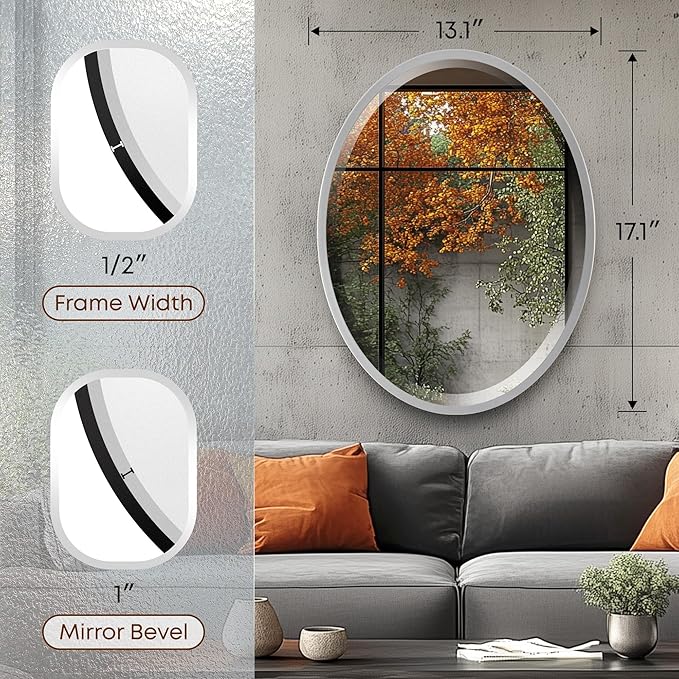 OVALCREST - Oval Wooden Beveled Wall Mirror for Home Decor, Bathroom, Vanity, Bedroom, Living Room, Hallway - London Style (Silver Spray) 13.1 x 17.1