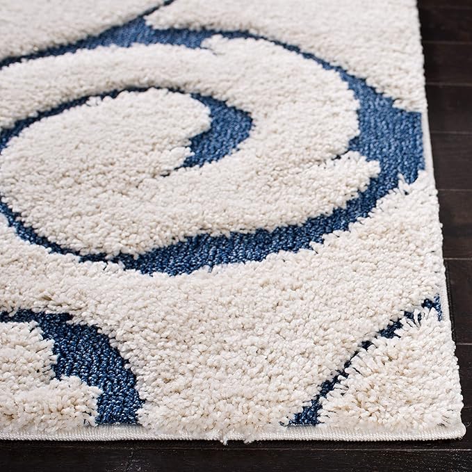 SAFAVIEH Florida Shag Collection Accent Rug - 2'3" x 5', Cream & Blue, Scroll Design, Non-Shedding & Easy Care, 1.2-inch Thick Ideal for High Traffic Areas in Foyer, Living Room, Bedroom (SG455-1165)