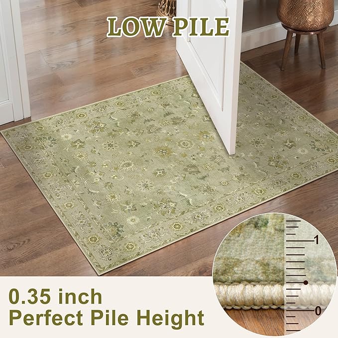 Tangsoo 3x5 Area Rug Floral Rug for Bedroom, Washable Vintage Rugs Indoor, Non Slip Accent, Print Distressed Flaxen Green Carpet, Soft Low Pile for Living Room Dorm Bedroom Bedside Entryway