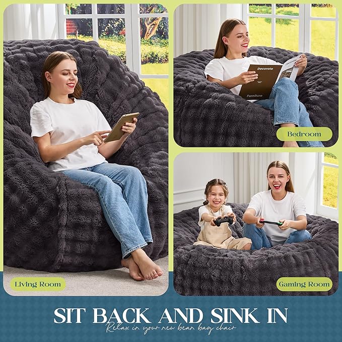 Hobestluk Bean Bag Chairs 6ft Beanbag Chair with Filler Adult Bean Bags with Fluffy & Machine Washable Cover, Giant Bean Bag Chairs for Adults (Dark Grey, 6FT-70" x 70" x 15")