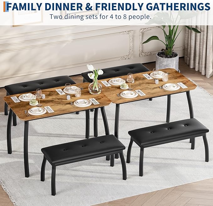 GAOMON Dining Table Set for 4, Metal Frame Kitchen Table Set with 2 Upholstered Bench, 3 Piece Dining Room Table Furniture for Apartment, Studio, Home, Easy Assembly, Retro Brown